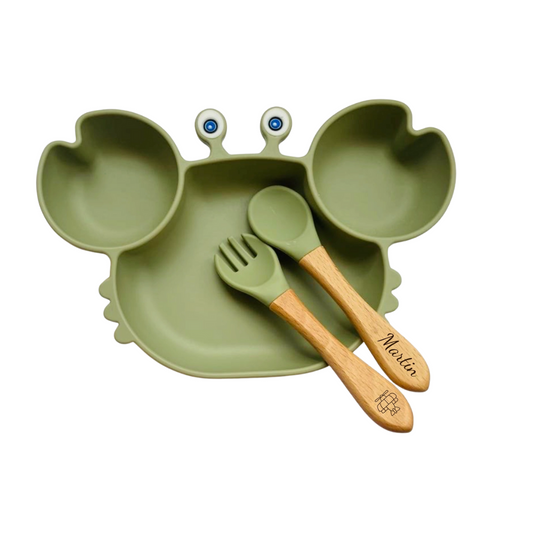 Tafelset Krabbe und Besteck für Kinder grün