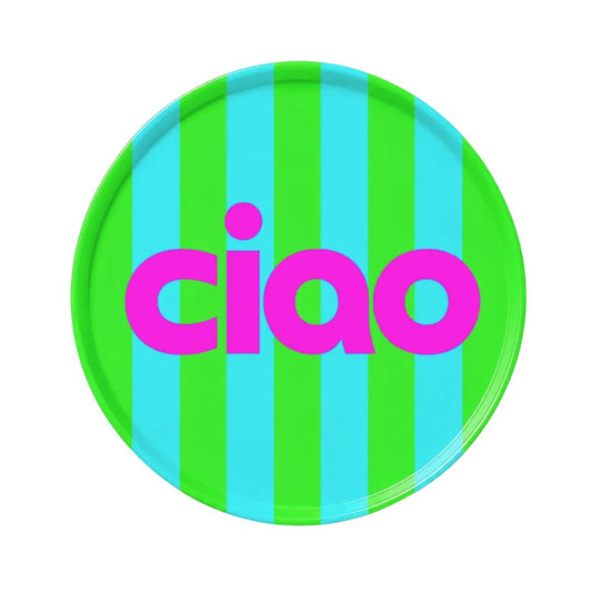 Untersetzer 'Ciao' aus Acryl grün/cyan/pink mit Korkrückseite