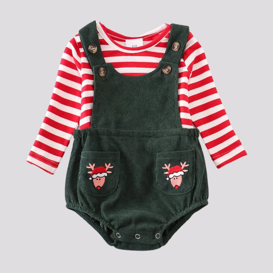 Babystrampler-Set mit roten Streifen und Hirschtasche