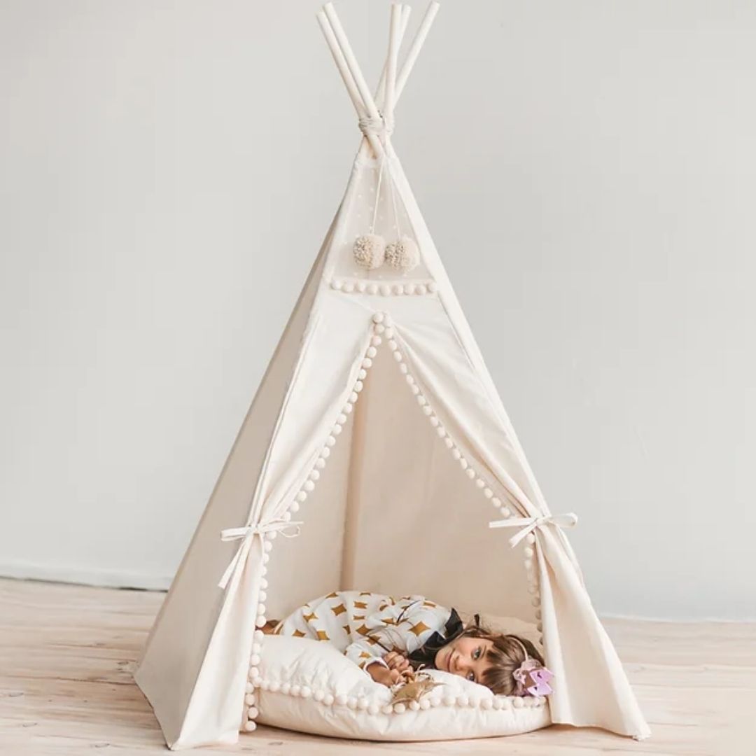 Kinder Tipi Zelt mit Pom Poms beige