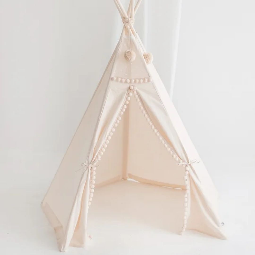 Kinder Tipi Zelt mit Pom Poms beige