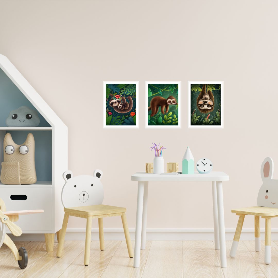 Wandbilder gerahmt 3er Set "Faultier Familie"