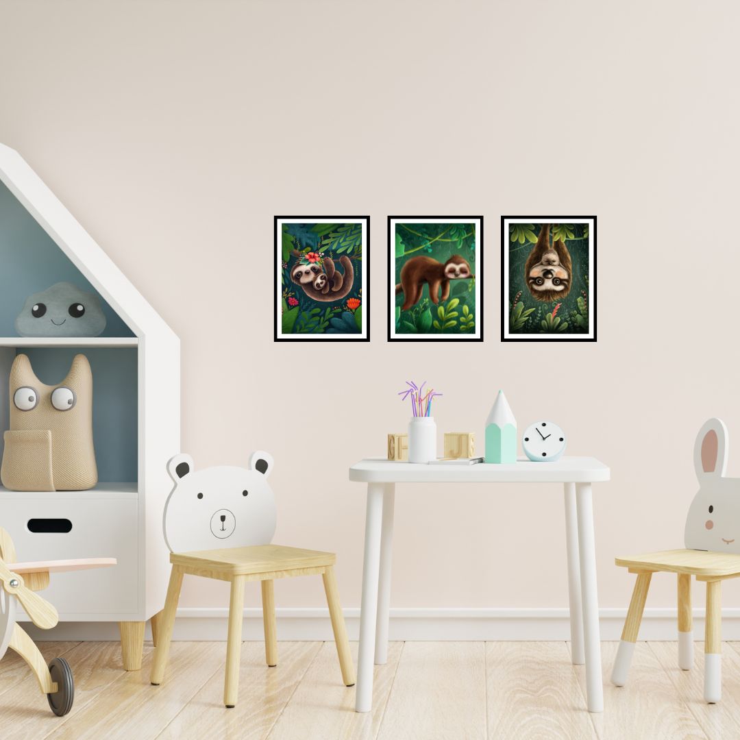 Wandbilder gerahmt 3er Set "Faultier Familie"