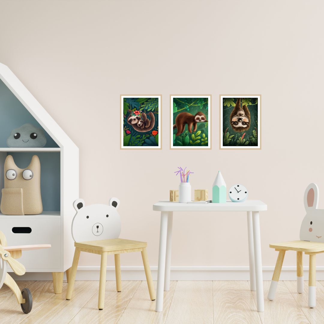 Wandbilder gerahmt 3er Set "Faultier Familie"