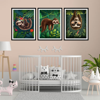 Wandbilder gerahmt 3er Set "Faultier Familie"